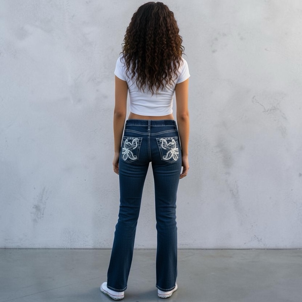 Angel Y2K Style Dark Blue Embroidered Back-Pocket Jeans